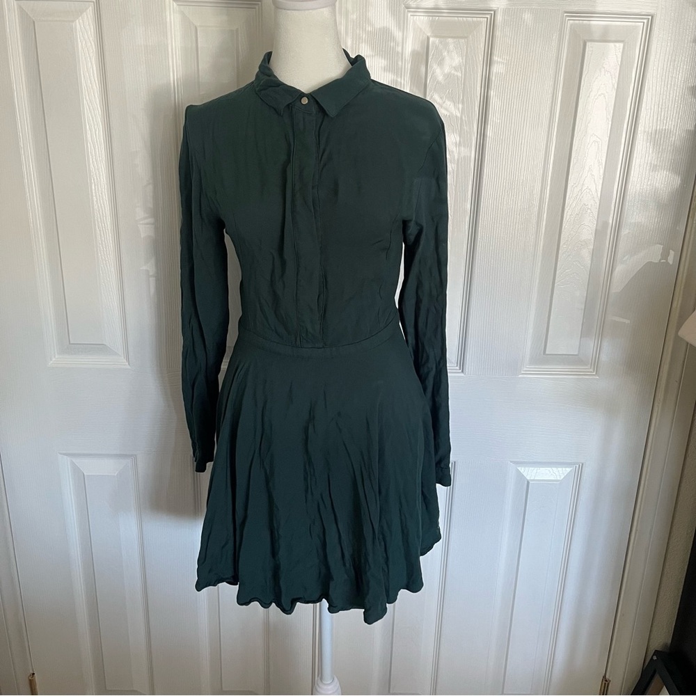 Rhythm Forest Green Long Sleeve Collared Mini Skater Dress Women Size Small